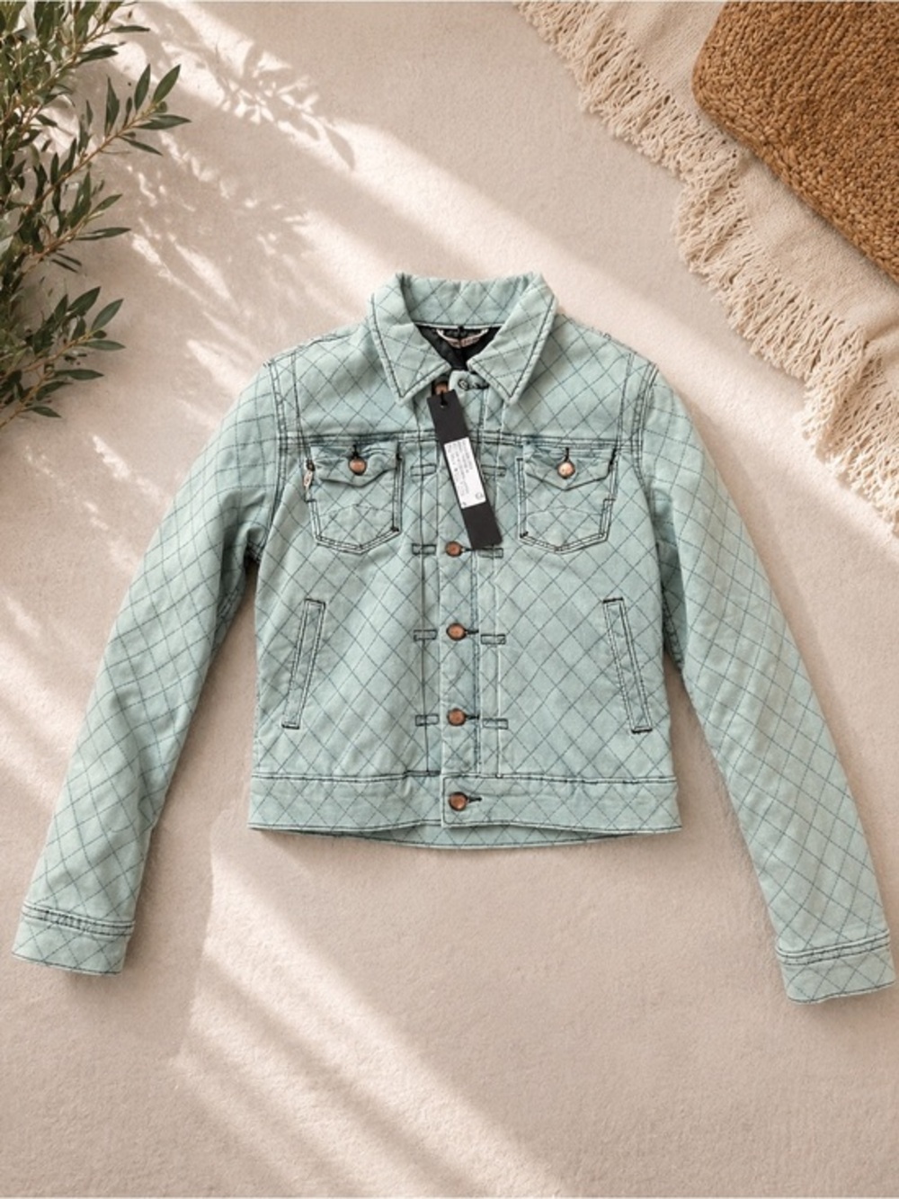 Light Blue Quilted Denim Jacket - Diamond Stitch